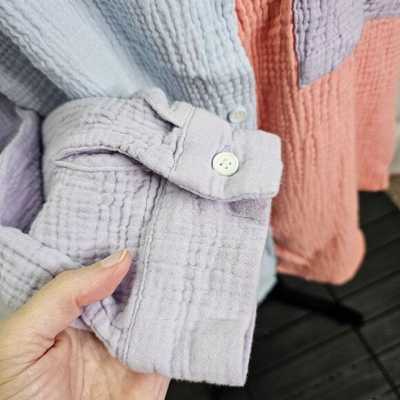 Pastel Colorblock Cotton Gauze Button Up Shirt Size XL - Picture 5 of 8